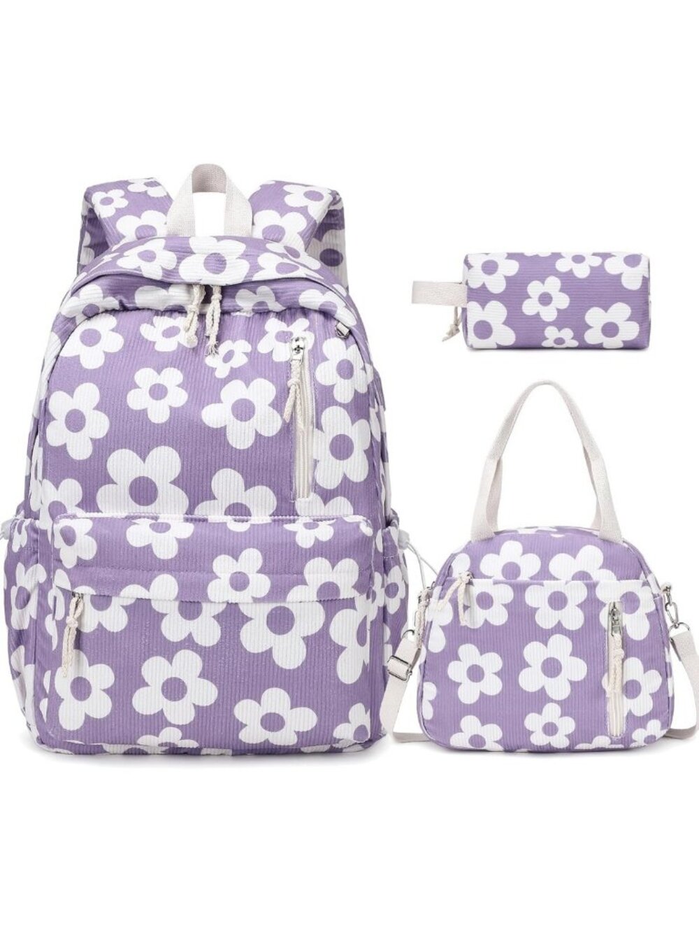 3PCS Girls Corduroy Backpack Set with Lunch Box & Pencil Case - Purple Floral